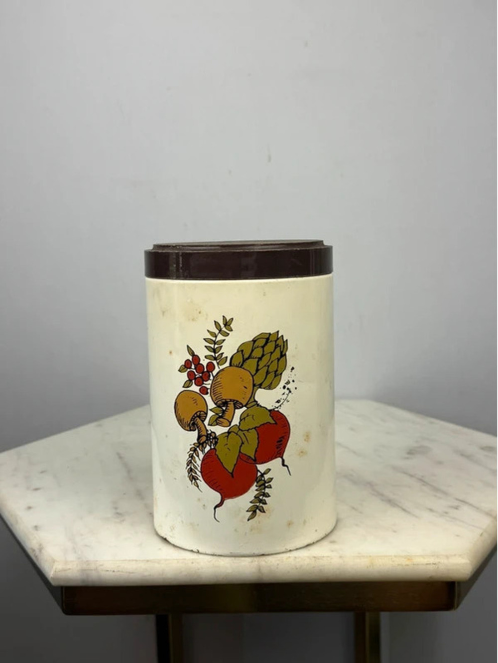 Vintage 1970s Kitchen Canister Vegetable Mushroom Art Brown Lid Retro Decor